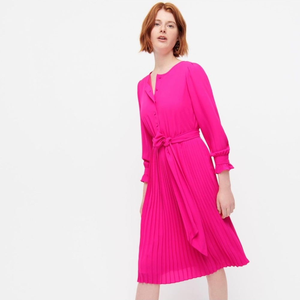 J. Crew Hot Pink Pleated Tie-Waist Midi Dress